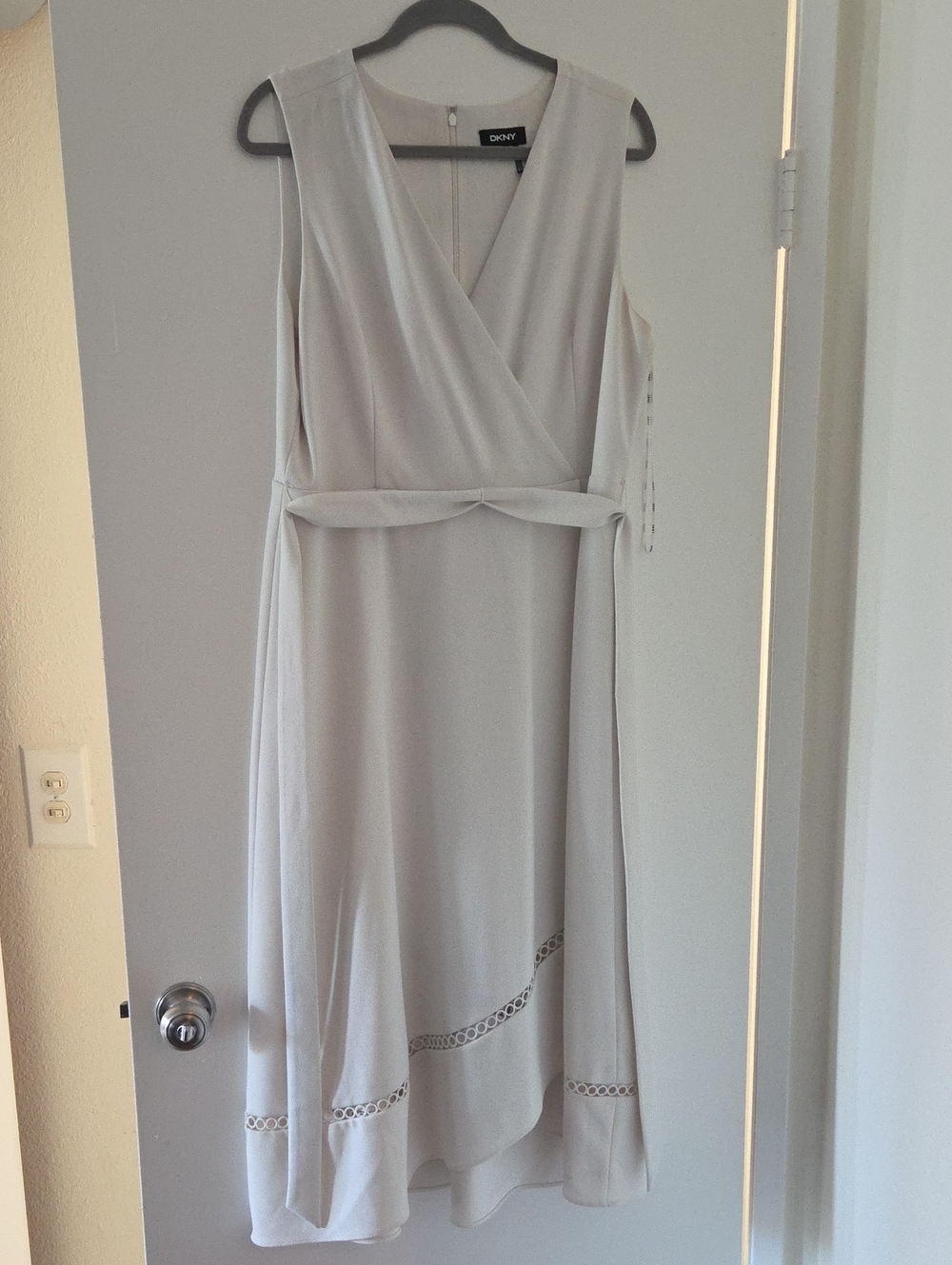DKNY White Sleeveless Faux-Wrap Midi Dress with Waist Tie